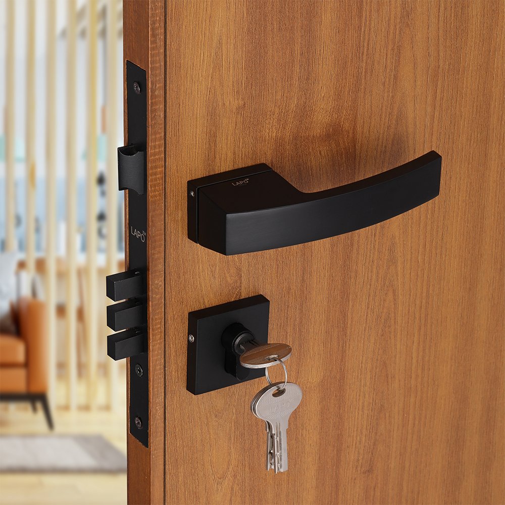 Modern black handle lock with key access for secure doors.